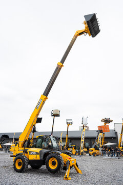 09.11.2026 - Lviv, Ukraine: JCB construction machinery displayed at a construction equipment exhibition, showcasing heavy machinery, excavators and industrial equipment 