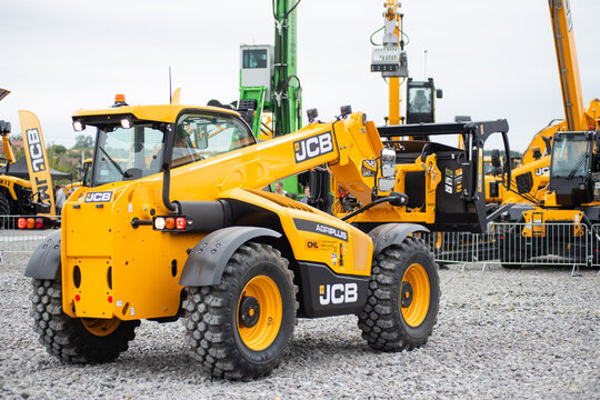 09.11.2026 - Lviv, Ukraine: JCB construction machinery displayed at a construction equipment exhibition, showcasing heavy machinery, excavators and industrial equipment 