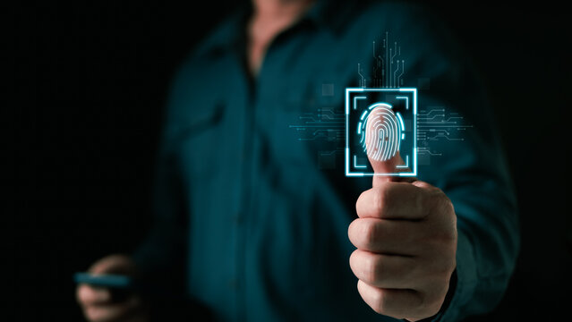A person scanning a digital fingerprint for secure cyber security access and biometric verification technology in futuristic digital network systems.