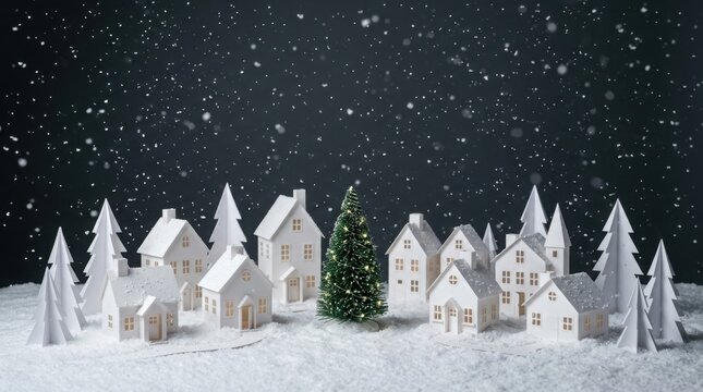 Miniature winter village with glowing Christmas tree in falling snow during festive night