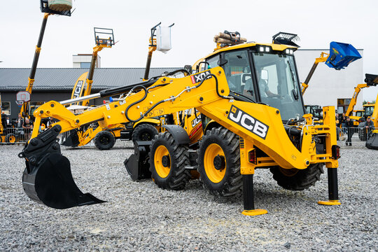 09.11.2026 - Lviv, Ukraine: JCB construction machinery displayed at a construction equipment exhibition, showcasing heavy machinery, excavators and industrial equipment 