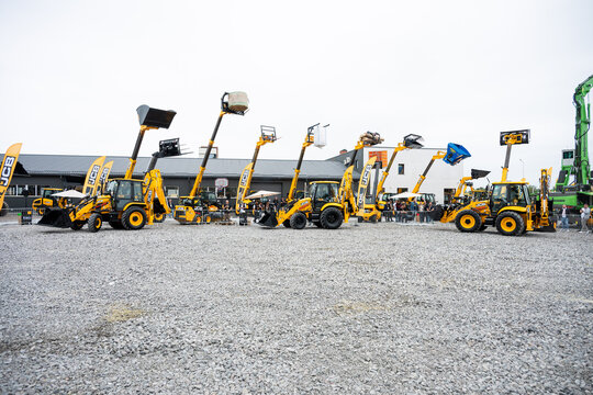 09.11.2026 - Lviv, Ukraine: JCB construction machinery displayed at a construction equipment exhibition, showcasing heavy machinery, excavators and industrial equipment 