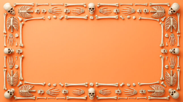 Halloween frame with human skulls and skeleton bones on orange background