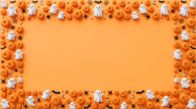 Halloween frame with orange mini pumpkins white ghosts and black spiders