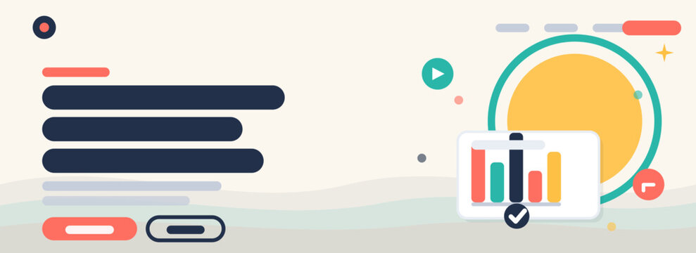 Website hero web banner template with headline placeholder bars, CTA buttons and abstract chart illustration cluster, flat vector design
