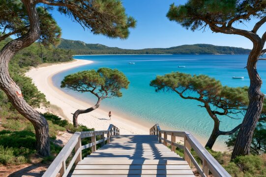 Wooden staircase leading to Porquerolles Island beach