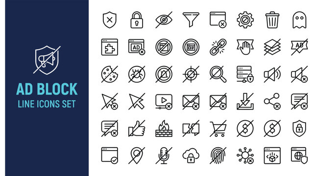 Digital users managing online privacy and blocking ads with a collection of cybersecurity flat graphic icons