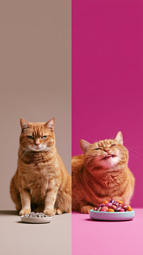 Funny orange tabby cat before and after treat comparison with bland grey treats and colorful glossy snacks, split-screen pet food advertising photo with bold copy space
