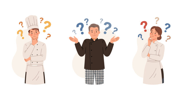 Chefs confused with question marks above heads, dilemma, uncertainty, decision making, culinary confusion