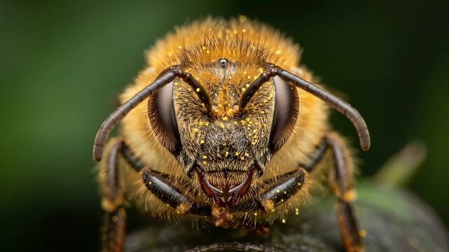 Macro close-up of hairy bee face with antennae and compound eyes covered in yellow pollen. Insect portrait on green blurred background.