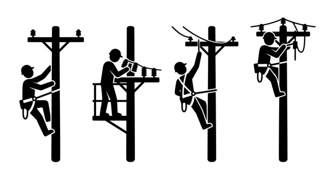Silhouettes of linemen performing maintenance on utility poles and electrical systems