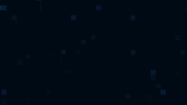 Digital squares animation scatters matrix block shapes on dark. High tech cyber perspective lines move across the digital squares. Modern abstract technology motion fills the active digital squares.