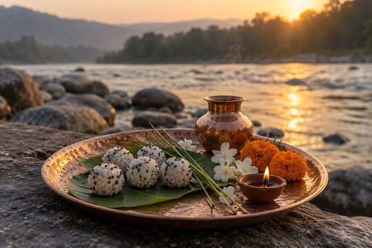 Traditional pind daan offering with rice balls diya flowers and copper pot for pitru paksha remembrance and durga puja rituals by river