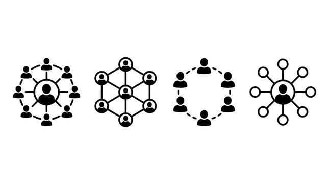 Network connection diagrams with human silhouettes on a white background