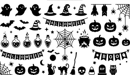 Obraz premium Halloween Silhouette Vector Icon Set - Cute Spooky Bundle with Ghosts, Pumpkins, Witch Hats, Bats, Cauldron, and Cobwebs