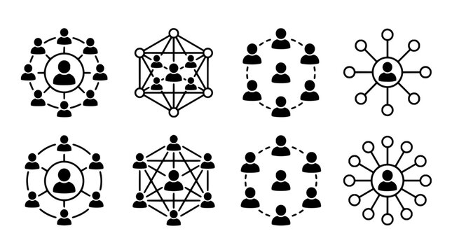 Network diagrams depicting human connections and organizational structures black silhouettes