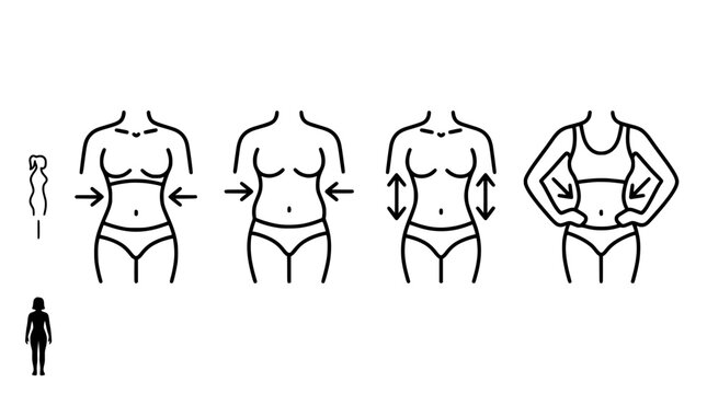 Female body shape transformation illustration black line drawing on white background
