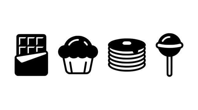 Chocolate bar cupcake pancakes and lollipop flat icons on white background