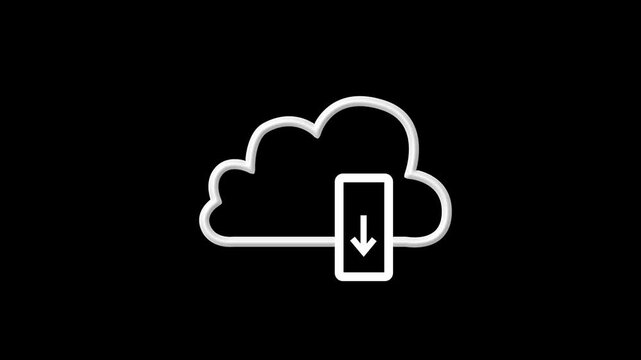 Cloud symbol animation displays a download arrow on a smartphone. Mobile cloud data retrieval transfers route through the cloud symbol. Remote server file synchronization uses the cloud symbol.