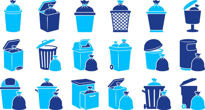 Assorted blue and light blue garbage bins and trash bags, suitable for waste management, recycling, and cleaning services illustration.