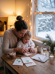 Mother helping her young child write holiday cards at a cozy winter table, capturing authentic family milestones and seasonal traditions. © Tania Zbrodko