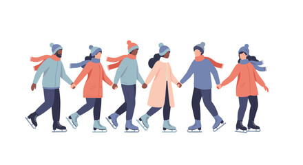 Obraz premium Group of diverse friends in warm winter clothing holding hands and ice skating together on a frozen pond in a minimal flat style illustration depicting joyful seasonal fun