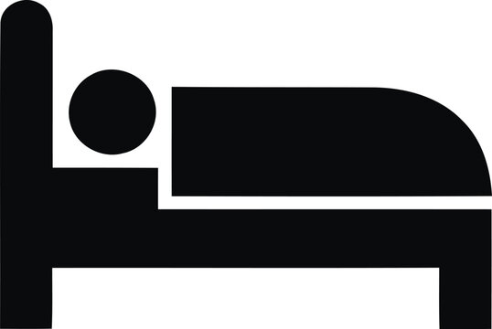 A simple black icon of a person sleeping in a bed representing hotel accommodation or rest concepts