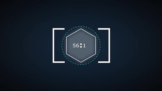 Hexagonal HUD element animation displays numeric data inside a frame. High tech screen telemetry coordinates guide hexagonal HUD element. Sci-fi user interface control displays use the HUD element.