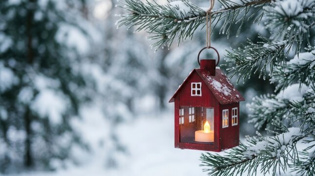 Red lantern with candle hanging on snowy pine branch during winter forest twilight