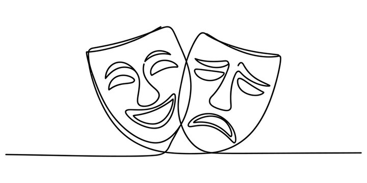 Continuous single line drawing of comedy and tragedy theater masks representing happy and sad emotions for drama and acting isolated on transparent background