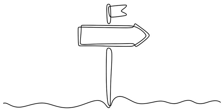 Continuous one line drawing of a simple wooden signpost with a small flag pointing the way for travel navigation and tourism isolated on transparent background