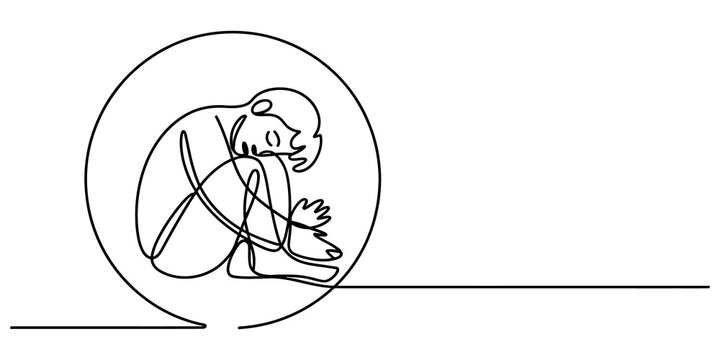 Continuous single line drawing of a sad person sitting curled up inside a circle representing feeling trapped or lonely isolated on transparent background