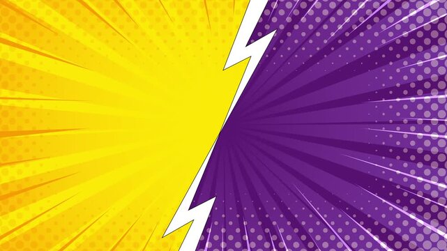 Comic book style background with yellow and purple split design featuring radial lines and halftone dots