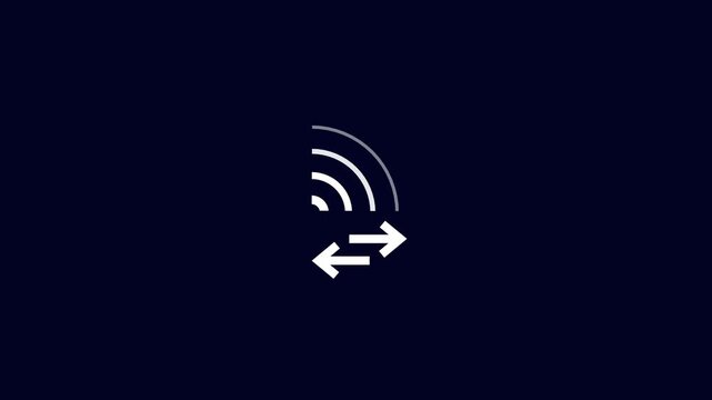 Wireless signal animation pulses with dual directional arrows on dark. Bidirectional data transfer telemetry routes on wireless signal. High speed internet connectivity links to the wireless signal.