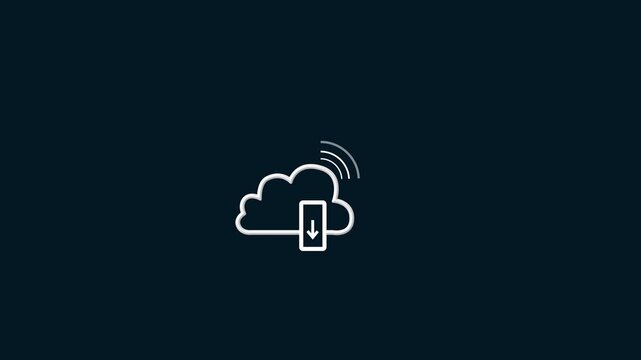 Cloud symbol animation displays a download arrow and wireless waves. Remote server database storage updates through this cloud symbol. Digital cloud data synchronization uses the modern cloud symbol.