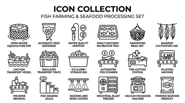 Fish farming and seafood processing set, including aquaculture pen, feed dispenser, water quality monitor, smolt hatchery, and industrial equipment.