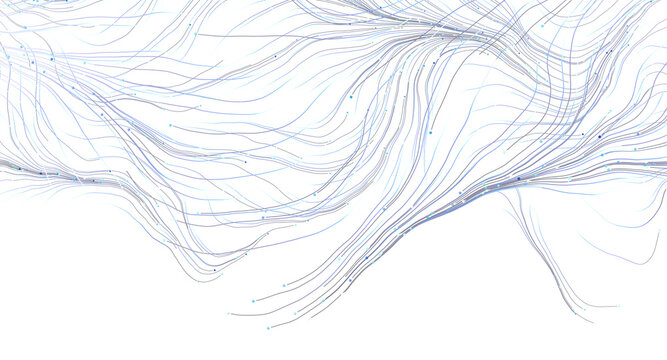 Abstract background with flowing lines and small particles in light blue and purple tones.