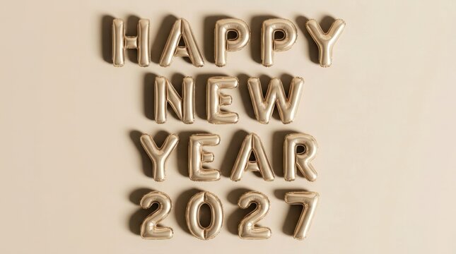 Metallic letters spelling Happy New Year 2027 arranged on a plain background during soft lighting
