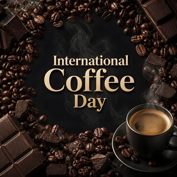 International coffee day composition with chocolate bars and roasted beans on dark background