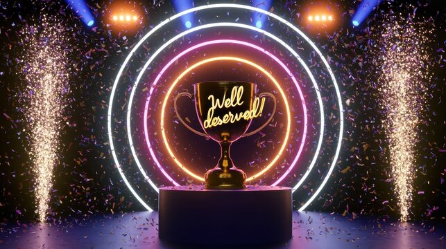 Award-winning trophy cup with cursive 'well done' inscription displayed on illuminated stage with neon ring lighting