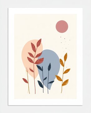Minimalist botanical illustration with stylized leaves and abstract shapes for modern interior decor