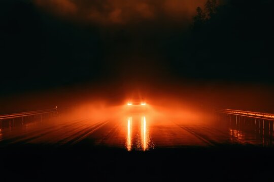 Headlights illuminate wet roadway on modern bridge at night with motion blur effect