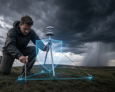 Storm Researcher Securing Weather Sensor in Open Field
