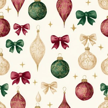Seamless Christmas pattern with vintage watercolor ornaments and bows