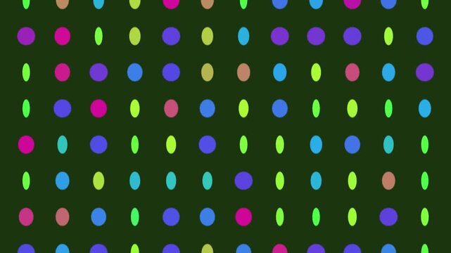 Dynamic Glowing Neon Polka Dot Grid Animation With Colorful Geometric Shapes Against Dark Background