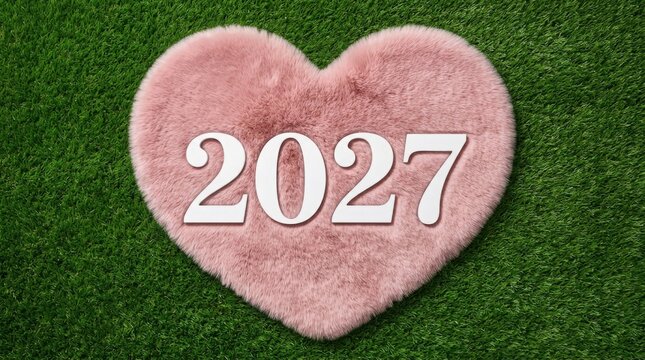Fluffy pink heart with the year 2027 in green grass background