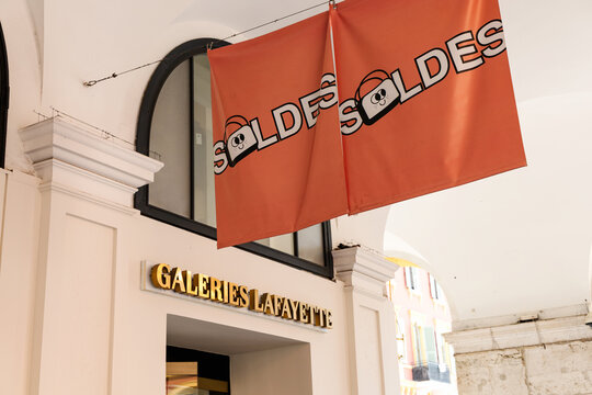 Galeries Lafayette luxury department store sign in Nice.