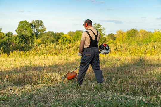 Male grounds worker stands with brush cutter in meadow, wearing hearing protection and work overalls. Outdoor field maintenance feels focused as he pauses beside trimmed grass under clear sky.