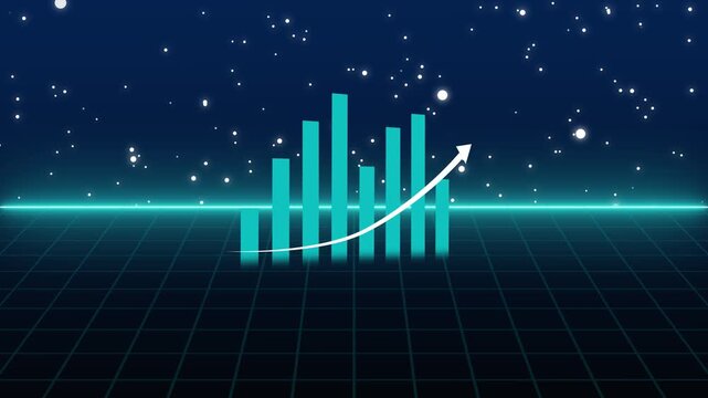 Bar chart animation rises with an arrow over a synthwave grid. Corporate financial business revenue tracks on this active bar chart. Profitable economic market expansion drives the rising bar chart.