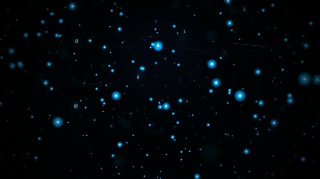 Abstract background with glowing blue light dots and binary code numbers floating in dark space representing digital technology and modern computer data network connection 4k Motion Video